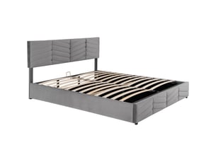 Lit 160x200 cm tête relevable hydraulique style continental capitonné velours rayé gris
