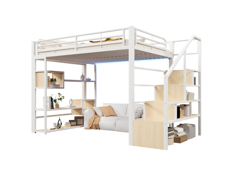  Lit mezzanine 140x200 cm, rangements, escalier, garde-corps, led, métal mdf, blanc, sans matelas  - Conforama A