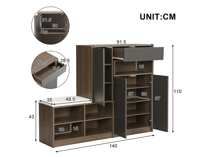 Meuble à chaussures 140x35x110 cm avec siège rembourré et étagères réglables, armoire de rangement gris pour entrée  - Conforama C