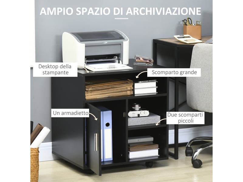  Support pour imprimante mobile sur roulettes avec armoire et 3 étagères ouvertes, en bois, 60 x 50 x 65,5 cm, noir  - Conforama E
