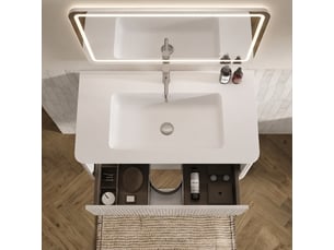 Meuble vasque suspendu 80 cm blanc avec tiroir, vasque intégrée et miroir rond led antibuée