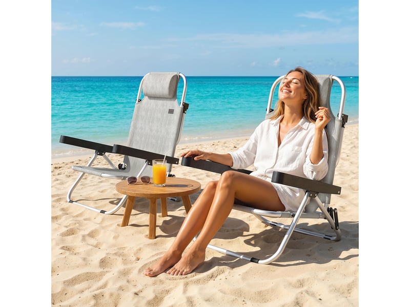 Lot de 2 chaises longues pliantes et inclinables 4 positions avec appui-tête, aluminium, 62 x 61 x 80 cm, gris - Conforama B