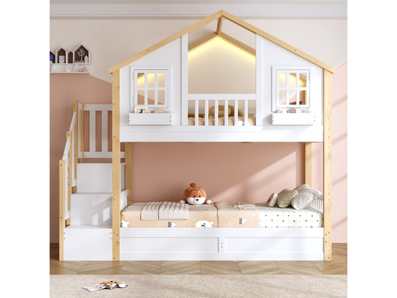  Lit superposé enfant 90 x 200 cm avec led lit coffre hydraulique avec escalier de rangement forme de fenêtre blanc et naturel BUYDEEMEUS - Conforama B