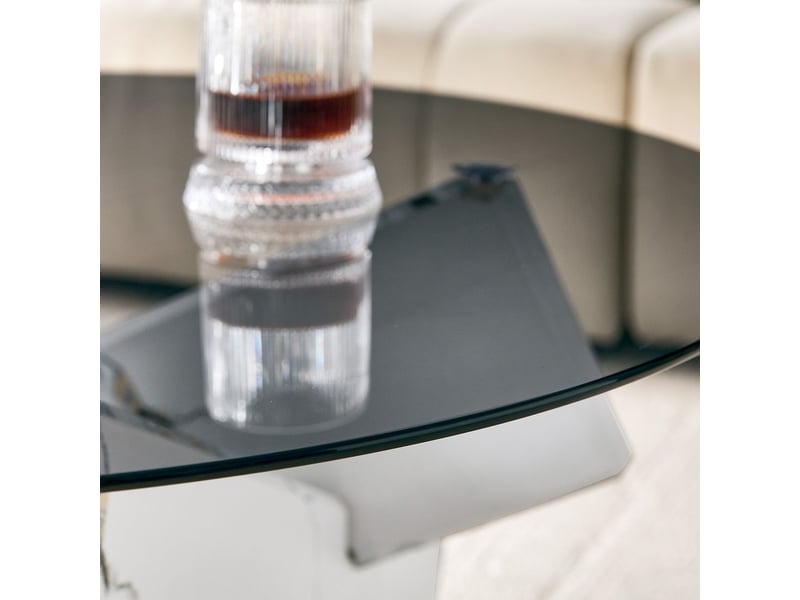 Table basse ronde table de salon en verre plateau en verre piètement designer stable aspect bois effet marbre style moderne  - Conforama D