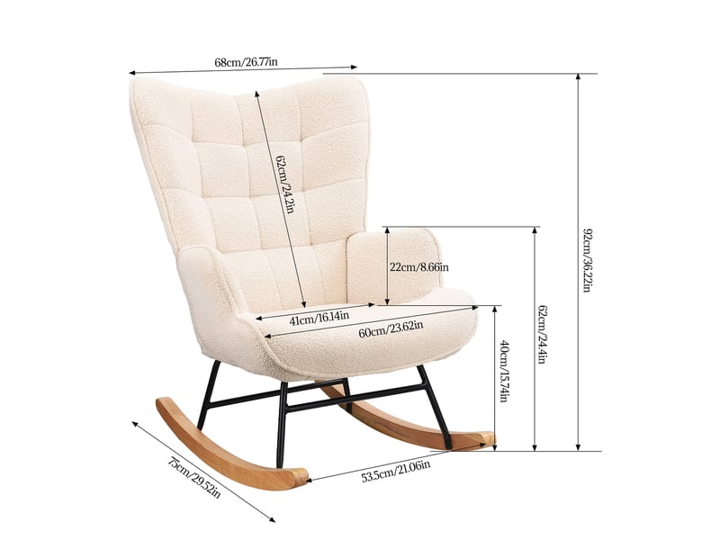  Fauteuil à bascule - 68 x 75 x 92 cm - beige - en tissu bouclette - chaise à bascule avec dossier capitonné et pieds en bois  - Conforama B
