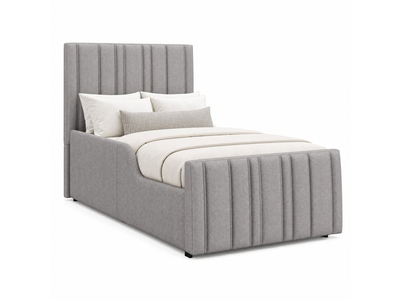 Lit enfant 90 x 200 cm avec sommier, rangement hydraulique, tête de lit en lin gris - Conforama A
