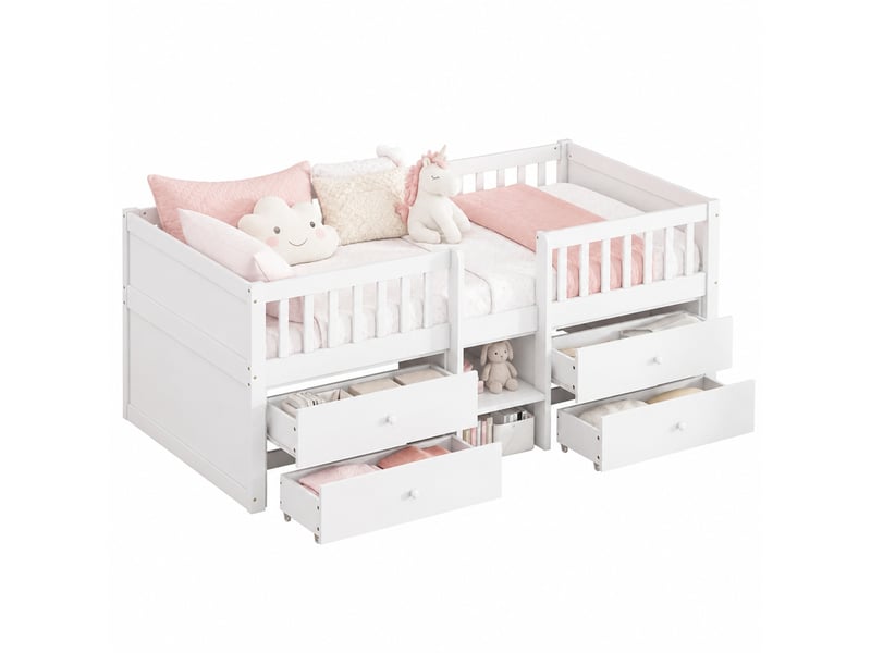  Lit enfant mi-hauteur 90 x 200 cm avec 4 tiroirs, échelle et barrières, blanc  - Conforama A