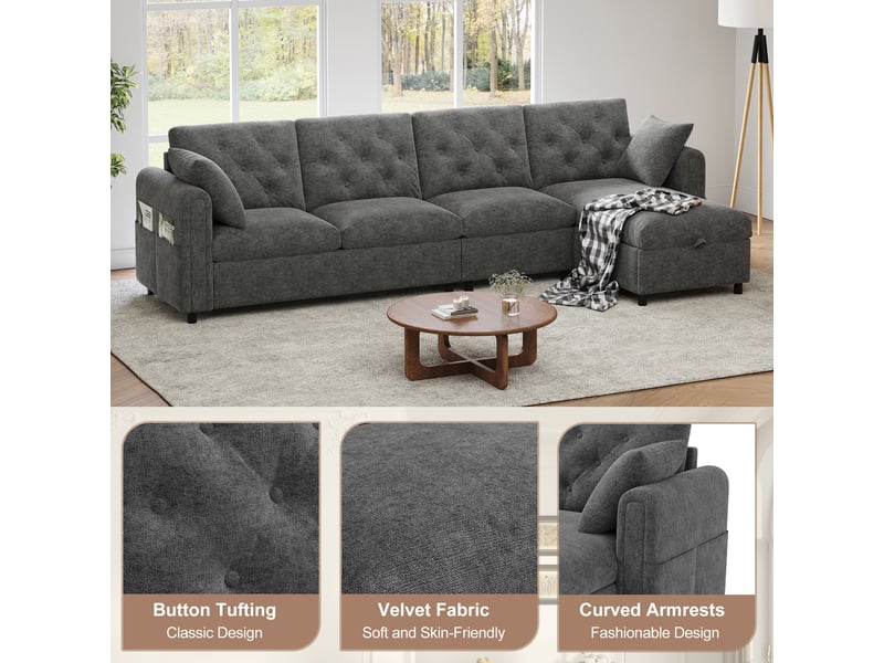 Canapé d'angle convertible en tissu, gris 4 places avec coffre de rangement, canapé réversible avec poches latérales pour salon moderne.  - Conforama D