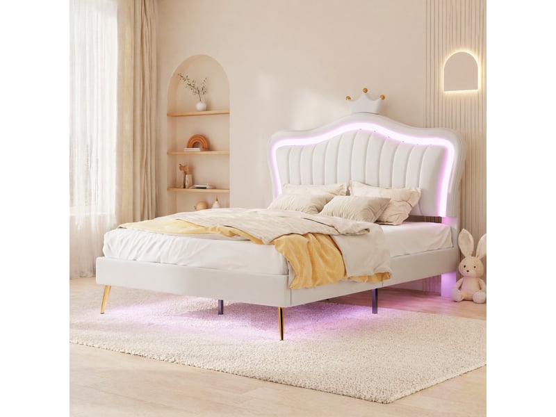 Lit enfant 140x200 cm avec tête de lit coquillage, led et sommier à lattes, blanc - Conforama C