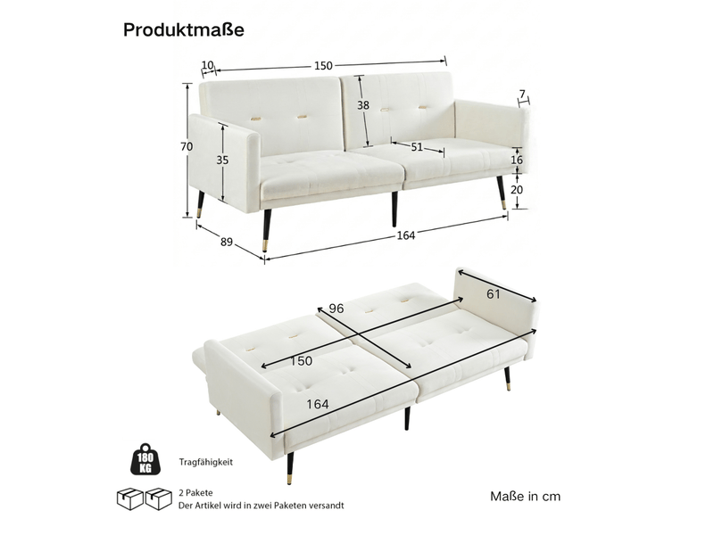 Canapé convertible 2 places avec dossiers réglables et fonction lit, en velours beige  - Conforama D