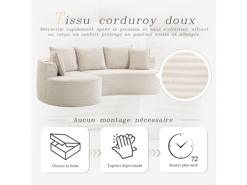  Canapé incurvé en velours côtelé avec porte-gobelets 250x152x82 cm - coussins et poches latérales  - Conforama D