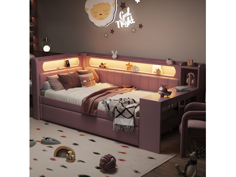  Lit de jour 90x200 cm rose avec lit gigogne, bureau, usb et éclairage led 7 couleurs  - Conforama E