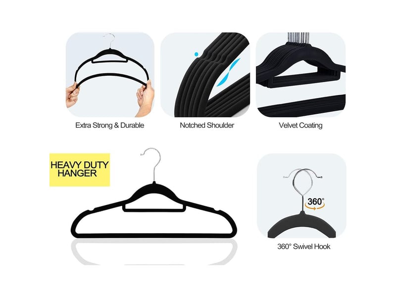  Lot de 10 cintres en velours de qualité supérieure antidérapants et résistant 45 cm avec barre à cravate, crochets pivotants à 360°, robustes pour tenir pulls, vestes et sweats à capuche(noir)  - Conforama B