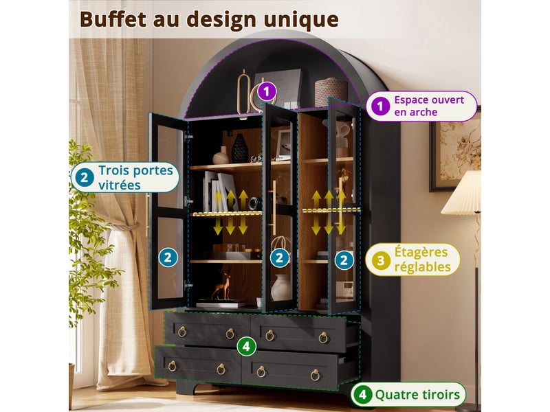  Buffet avec sommet arqué, 3 portes vitrées et 4 tiroirs, étagères réglables, poignées métalliques, 110x40x185cm  - Conforama B