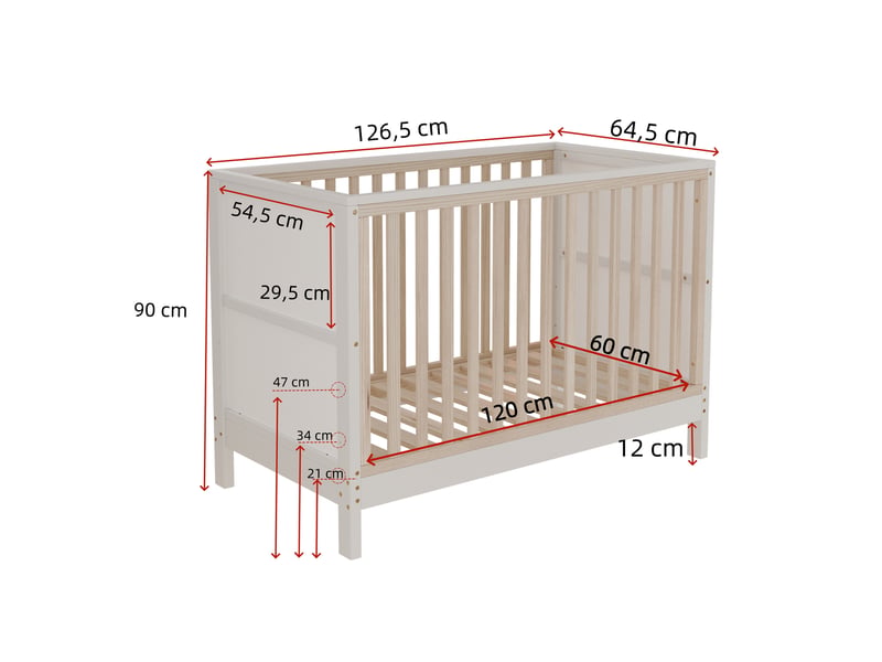  Lit enfant 1 place évolutif réglable, bois massif, matelas non précisé - okmyhome- naturel et blanc, 50 kg  - Conforama D