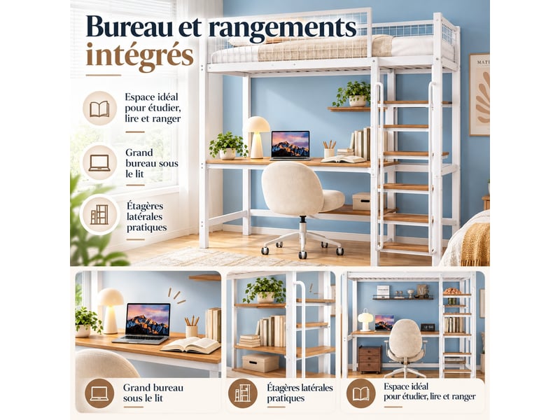  Lit mezzanine enfant 90 x 200 cm en métal avec bureau, étagères, échelle 5 marches et garde-corps, blanc et naturel  - Conforama D