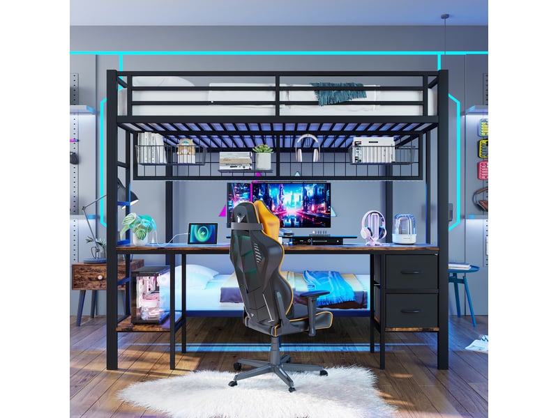 Lit mezzanine 140x200cm coloris noir led lit enfant noir - Conforama D