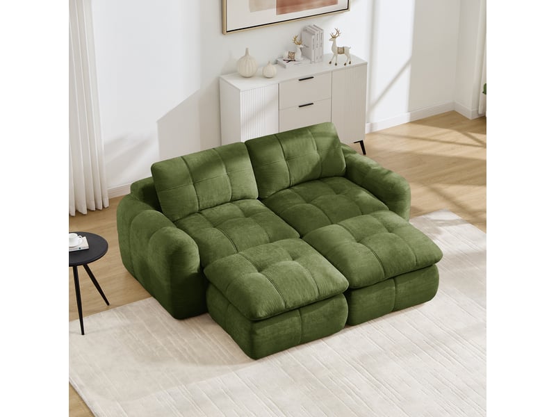 Canapé modulaire 2 places sans cadre avec 2 poufs, assise large et profonde, design matelassé en chenille vert - Conforama B