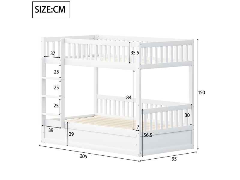  Lit superposé 90 * 200 cm, bois massif, coffre hydraulique, échelle sûre, couchage enfant blanc solide.  - Conforama B