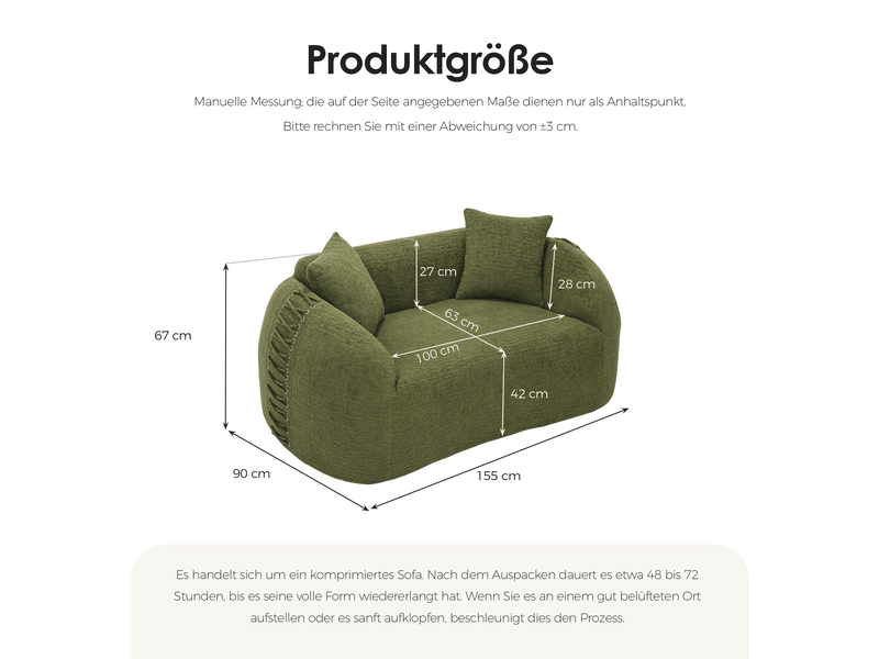 Canapé compressé 2 places 155x90x67 cm sans montage, sans structure, accoudoirs avec lacets, 2 coussins, mousse, tissu chenille vert - Conforama D
