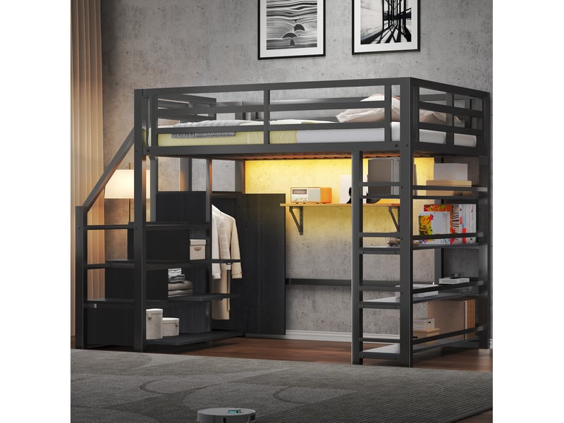  Lit mezzanine 140x200 cm noir avec rangements, armoire et éclairage led  - Conforama D
