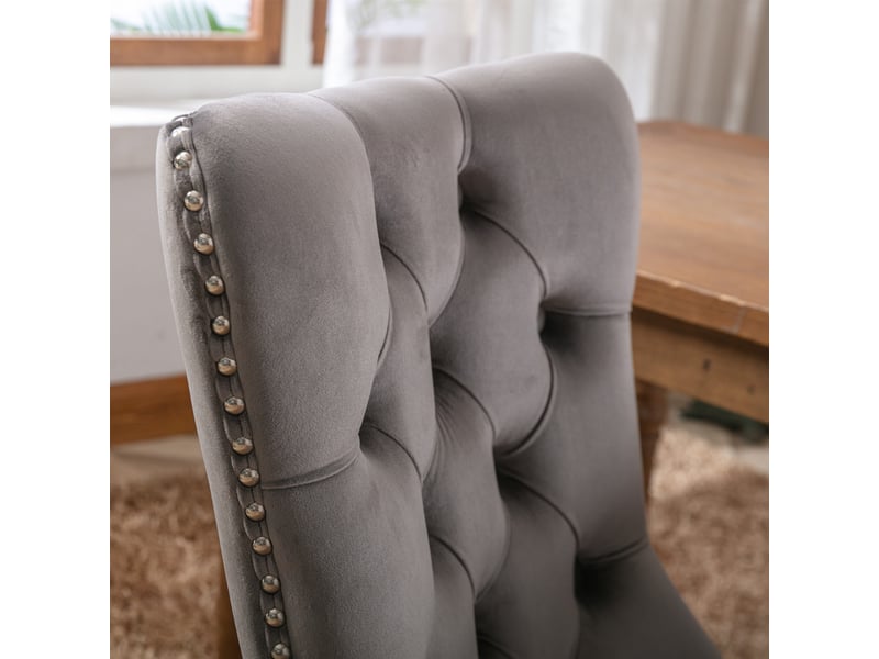 Lot de 2 chaises salle à manger velours gris – pieds bois massif – clous décoratifs – style contemporain - Conforama D