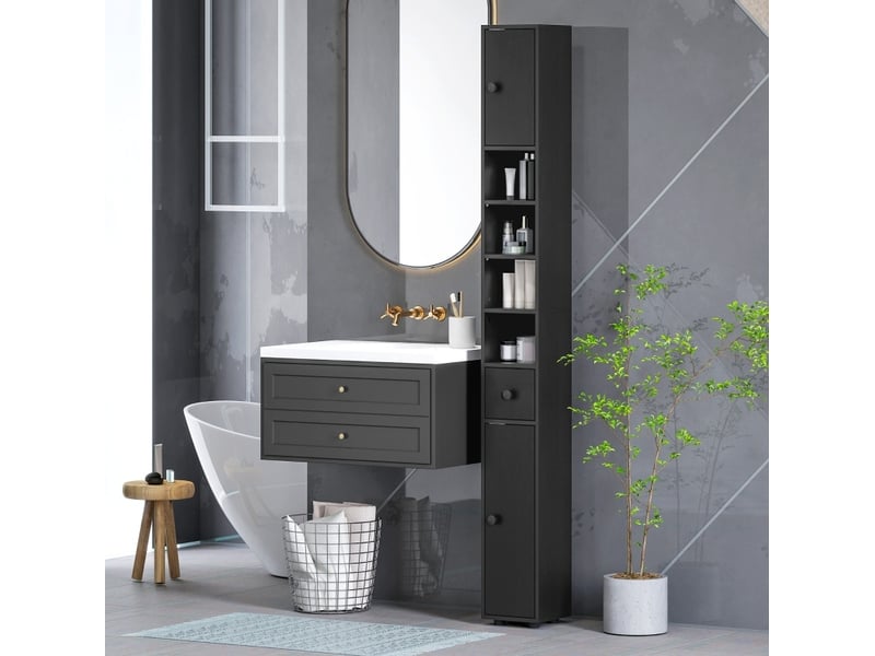  Meuble de salle de bains 180x20x20 cm avec 2 placards et 4 niches ouvertes en panneau de particules noir  - Conforama B