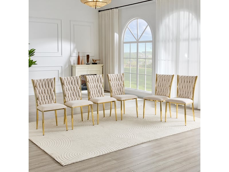  Chaise de salle à manger avec dossier tressé et assise rembourrée  - velours métal - beige et or  - Conforama C