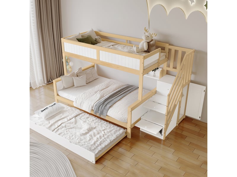  Lit superposé 90x200 &amp; 120x200 cm - lit enfant avec grille de protection, rangement et lit gigogne, bois de pin + mdf, blanc, sans matelas  - Conforama B