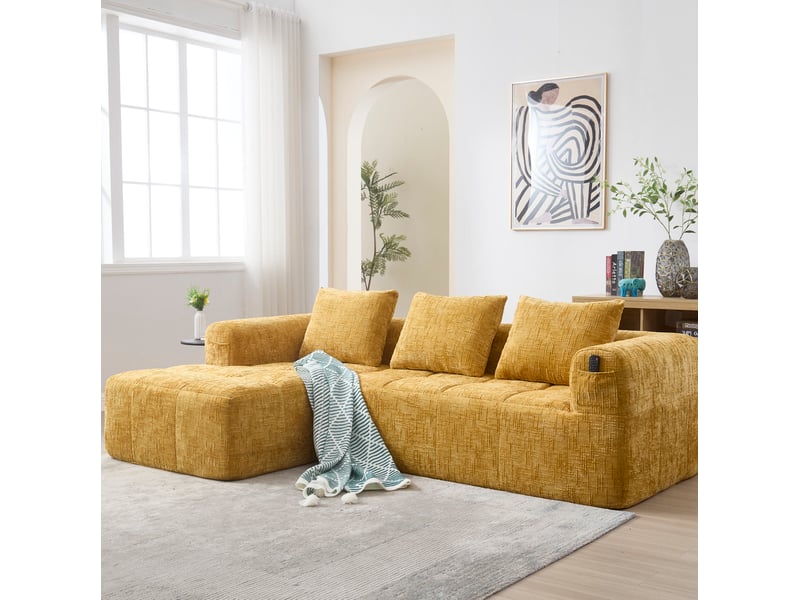 Canapé d'angle modenvie 3 places modulable avec chaise longue en chenille jaune 250 x 158 x 60 cm - Conforama D