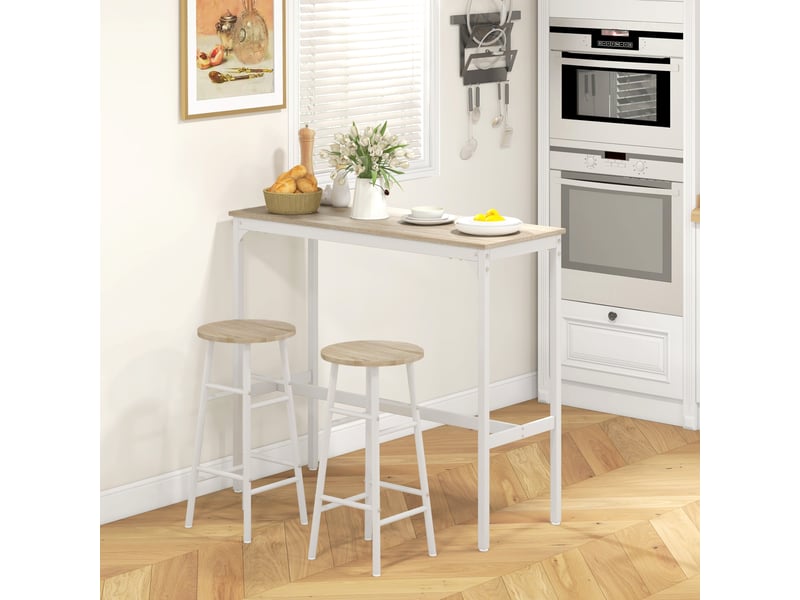  Ensemble table haute et deux tabourets de bar avec repose-pieds, style industriel, blanc et chêne.  - Conforama C