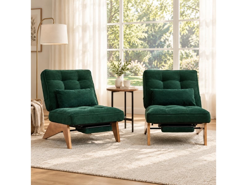  Fauteuil relax inclinable 127x73x90 cm, canapé 1 place avec coussin lombaire, repose-pieds, en tissu côtelé vert émeraude  - Conforama B