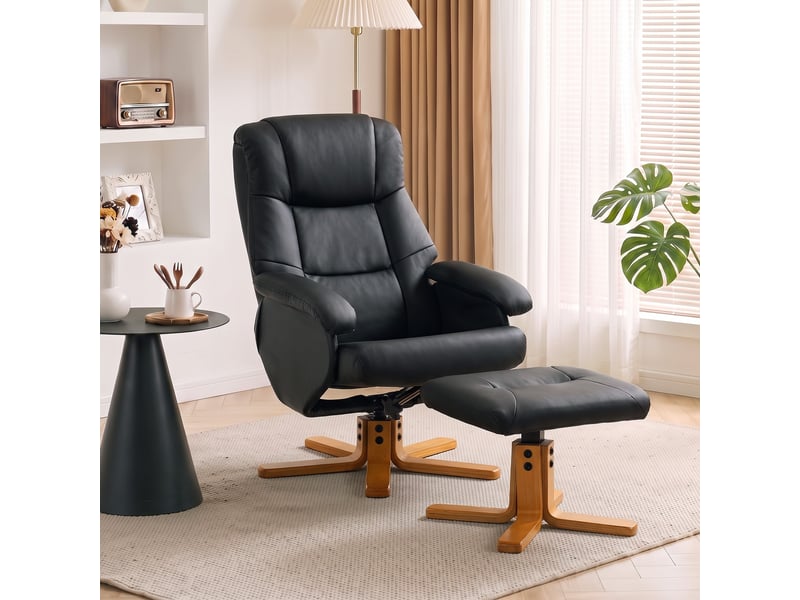 Fauteuil relax inclinable pivotant avec repose-pied piètement bois clair synthétique noir - Conforama D