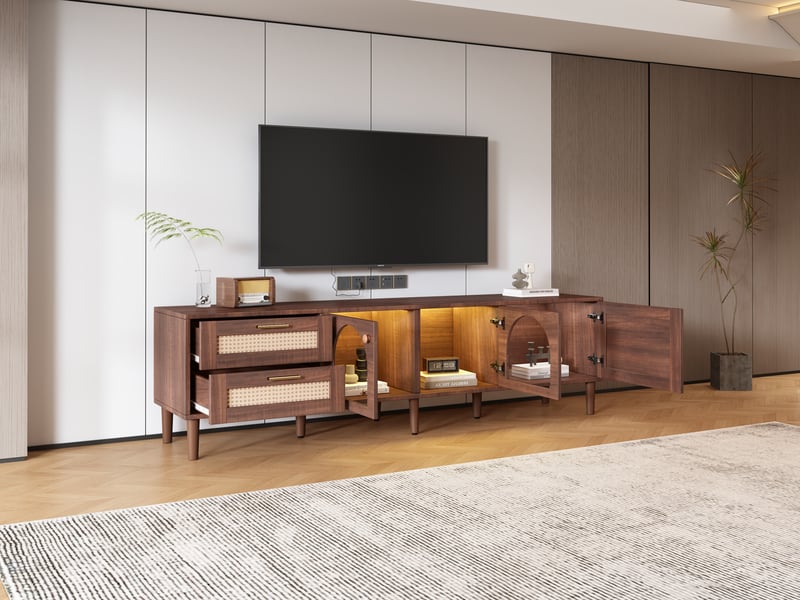 Meuble tv 180 cm pour écran 80 pouces avec led - 2 tiroirs rotin et portes verre - Conforama E