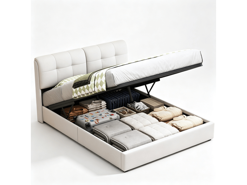  Lit adulte 2 places 140x200 cm velours beige - tête de lit capitonnée led, coffre hydraulique, sommier à lattes inclus, design moderne  - Conforama A