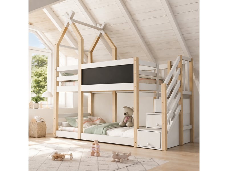  Lit superposé enfant cabane 2x90x200 cm avec rangement, blanc et bois  - Conforama D