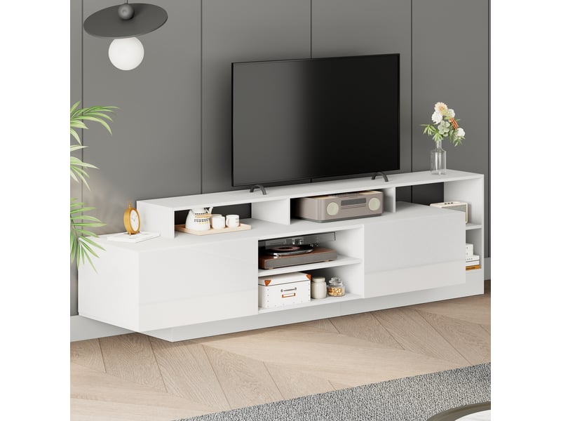  Meuble tv 190 cm blanc brillant avec led pour tv jusqu'à 70 pouces, 2 portes abattantes et rangement ouvert  - Conforama E