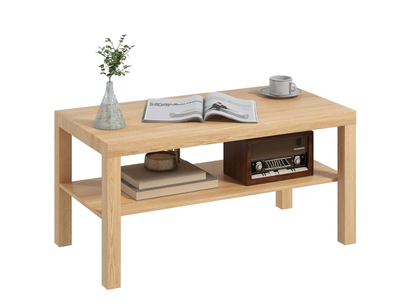 Table basse de salon, table d'appoint rectangulaire à 2 niveaux avec étagère de rangement, 90x45x44,5cm, bois naturel  - Conforama B