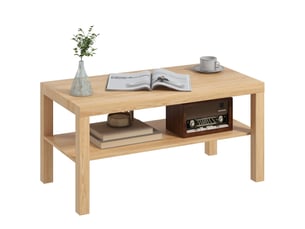 Table basse de salon, table d'appoint rectangulaire à 2 niveaux avec étagère de rangement, 90x45x44,5cm, bois naturel