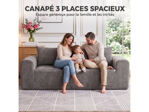 Canapé 3 places en chenille 220 cm, 3 coussins, canapé salon moderne avec assise et accoudoirs larges, gris