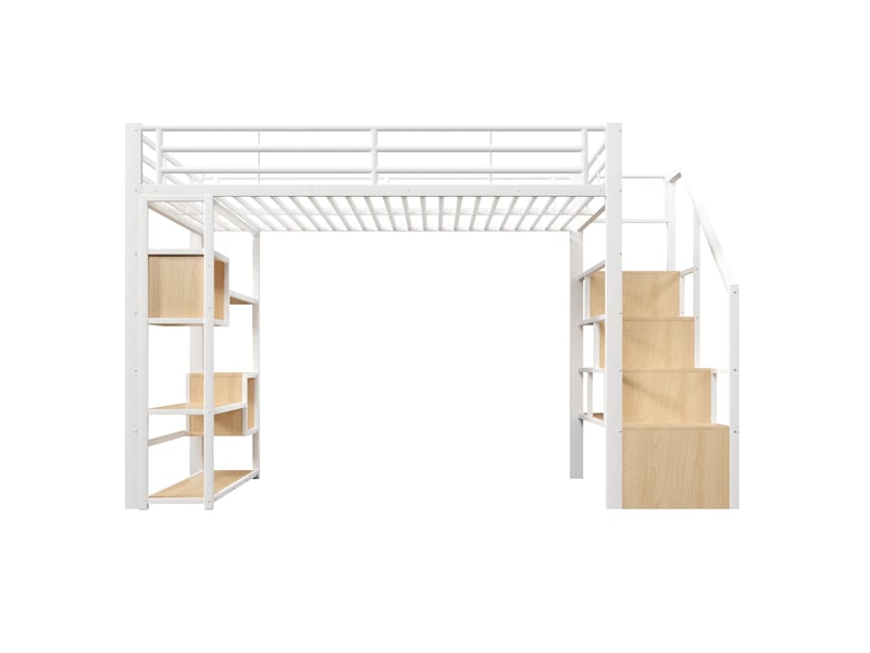 Lit mezzanine 140x200 cm, lit enfant, rangement, échelle sécurisée, barrière antichute, led, bois et métal blanc - Conforama B