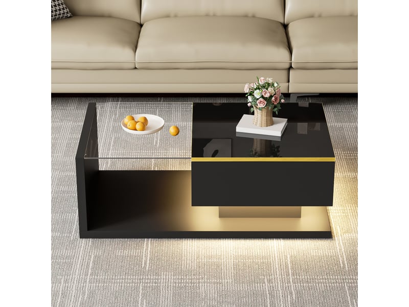 Table basse 90x50x32,5 cm avec led et plateau en verre trempé, rangement fermé et niche, panneaux de particules, noir ABC - Conforama D