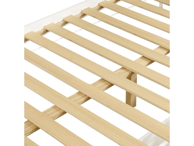  Lit superposé enfant 200×90 cm et 200×120 cm avec 2 tiroirs à roulettes et escalier de rangement, sans matelas, blanc et naturel  - Conforama E