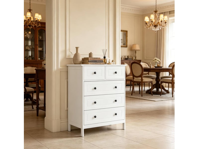  Commode 74x40x91 cm, 5 tiroirs, en mdf, blanc, poignées rondes noires, pieds de 10 cm  - Conforama B