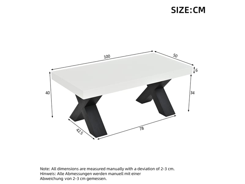  Table basse rectangulaire 100x50x40 cm à pieds en x, mdf blanc et noir  - Conforama E