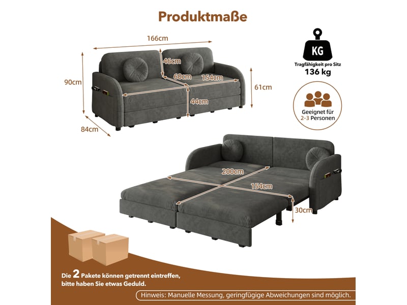  Canapé droit convertible 2 places en tissu gris, format 3-en-1 avec rangement latéral pour petits espaces  - Conforama C