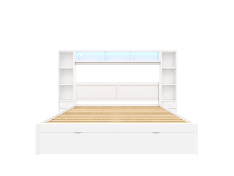  Lit adulte 140x200 cm avec rangements et éclairage led, lit 2 places en mdf et contreplaqué blanc, sans matelas  - Conforama E