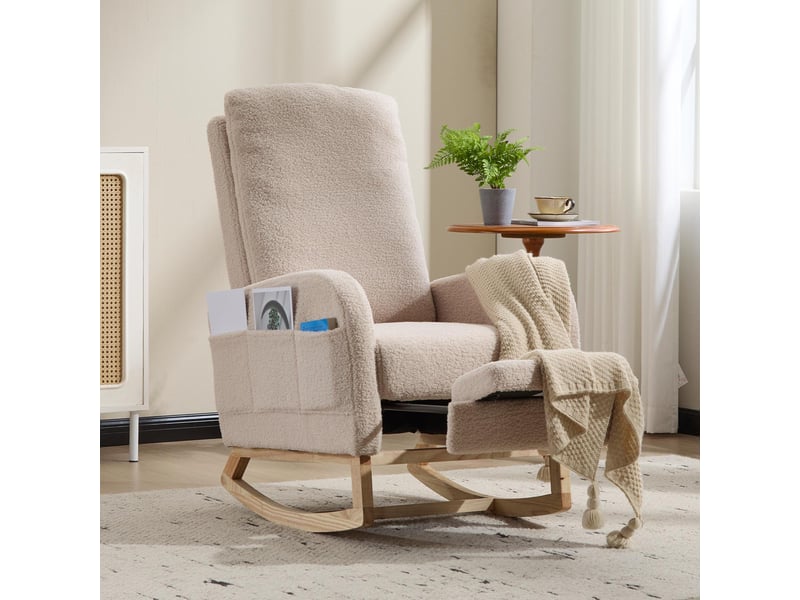  Fauteuil à bascule - 75x63x104 cm - chaise à bascule avec repose-pieds et poches latérales en tissu teddy - beige  - Conforama D