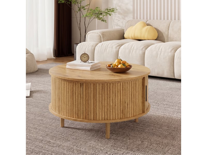  Table basse ronde relevable avec rangement compartimenté, table de salon avec porte coulissante et lattes verticales, pieds pin massif, mdf, naturel OPULERANE TRADING LTD - Conforama E