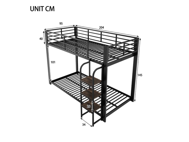  Lit superposé enfant 2 places 90×200 cm, escalier en bois et barrière - okmyhome- métal noir, sans matelas  - Conforama D